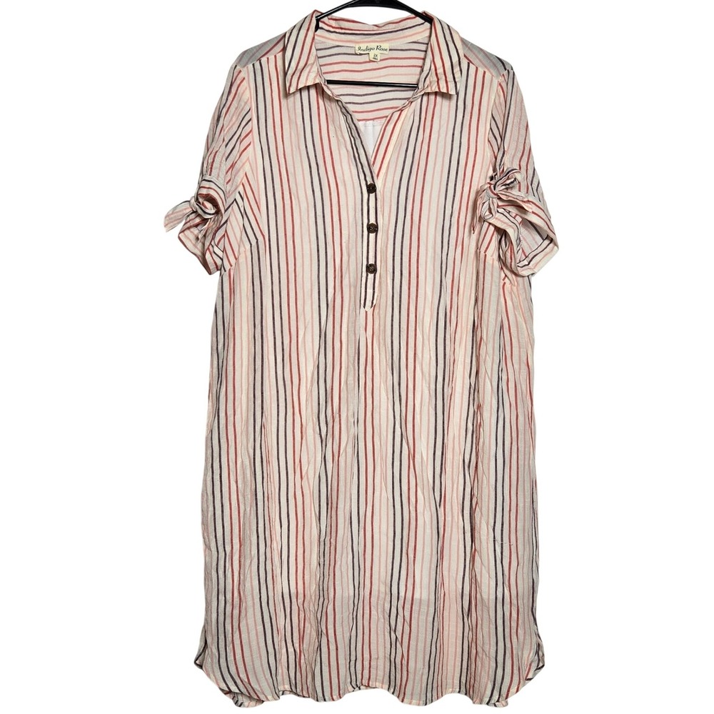 Indigo Rose Womens Striped Shift Henley Short Sleeve Dress Plus 2X Boho Coastal